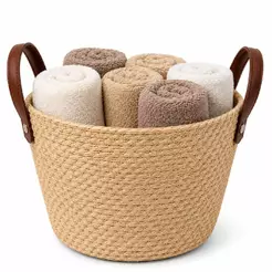 Cesto Organizador Fibra Natural Mocca Redondo 24cm C/ Alça Couro