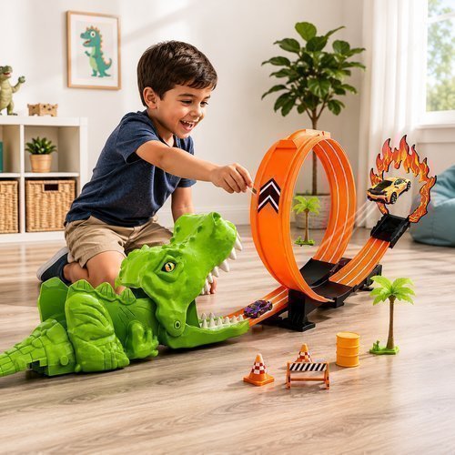 KIT PISTA DE CORRIDA Carrinhos Dinossauro Looping Metal Infantil Diversao