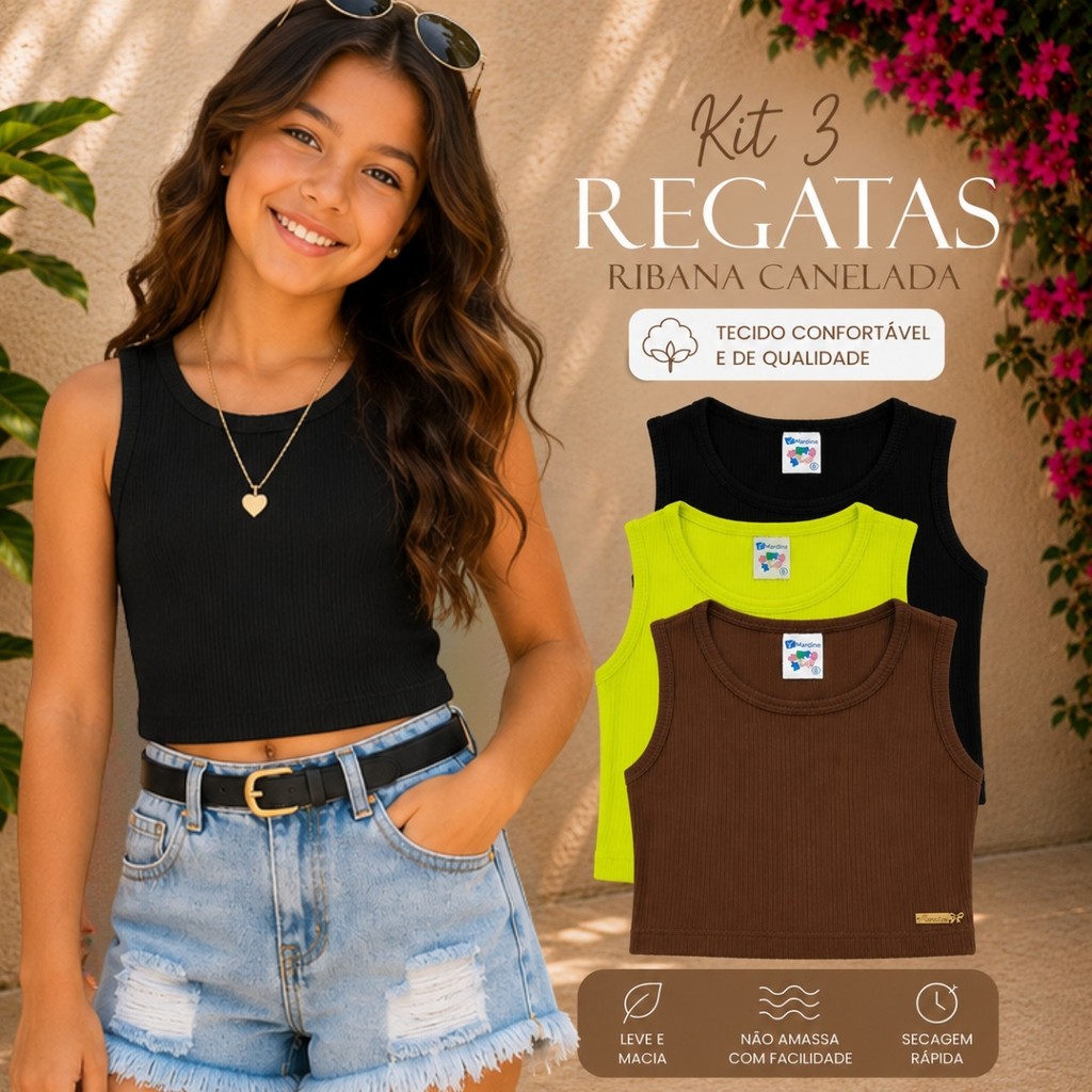 Kit Com 3 Regatas Cropped Menina  Ribana Canelada