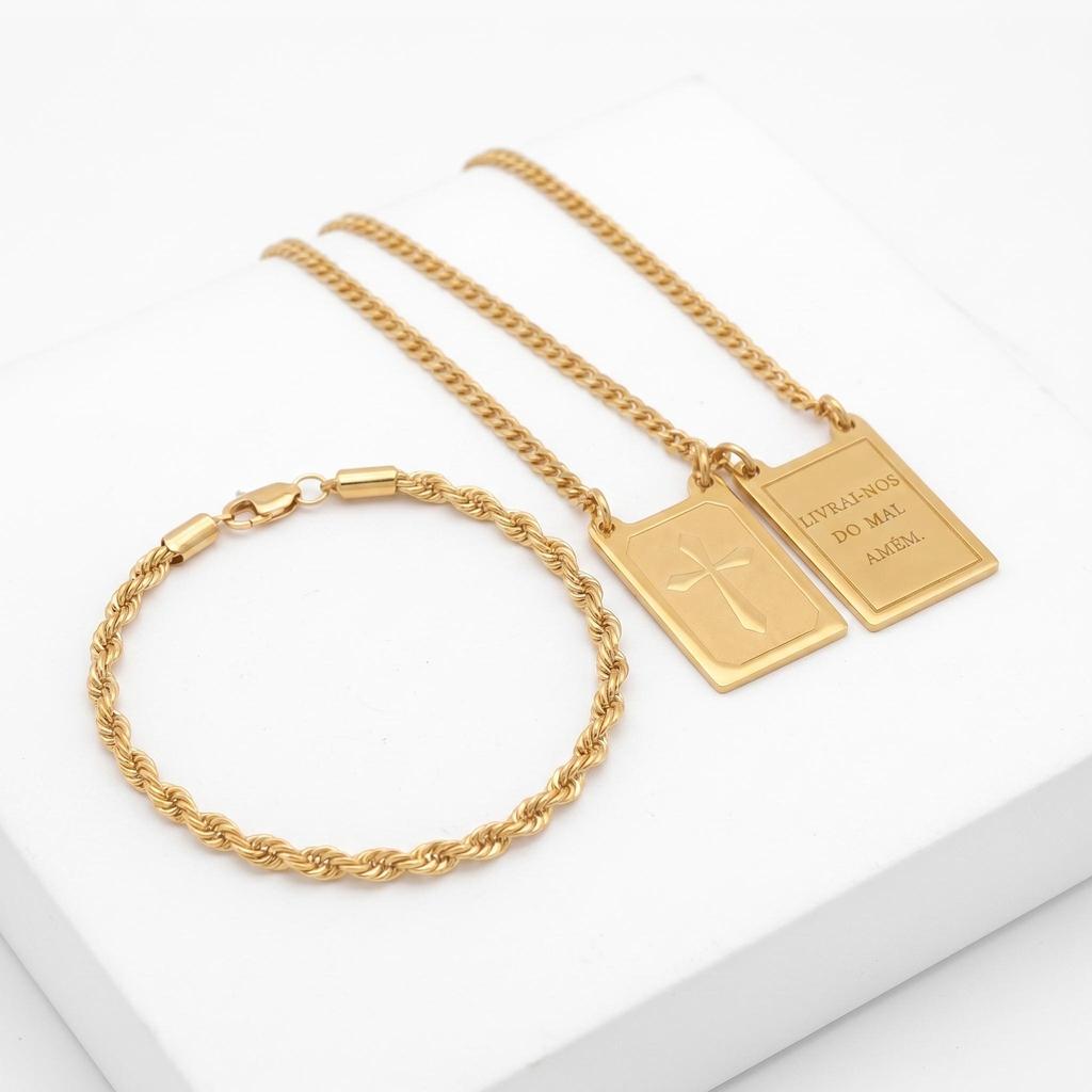 Conjunto Escapulario Livrai e pulseira baiana em aço inox