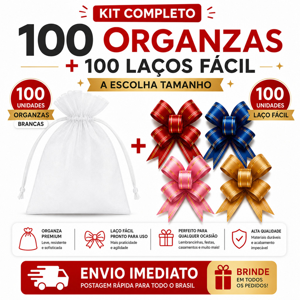 Kit 100 Saquinhos Saco Organza + 100 Laços Fácil - Branco Lembrancinha Natal Jóia Festa Casamento