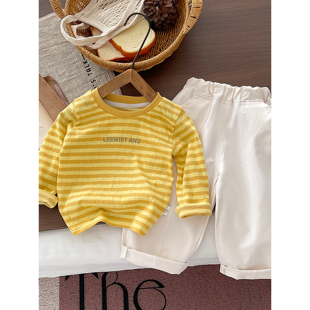 Versão coreana conjunto de camiseta listrada infantil primavera outono masculino feminino bebê novo estilo masculino fem