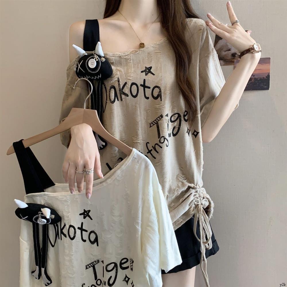 Tamanho grande rasgado cordão plissado fora do ombro de manga curta camiseta feminina verão novo estilo gordura mm solto