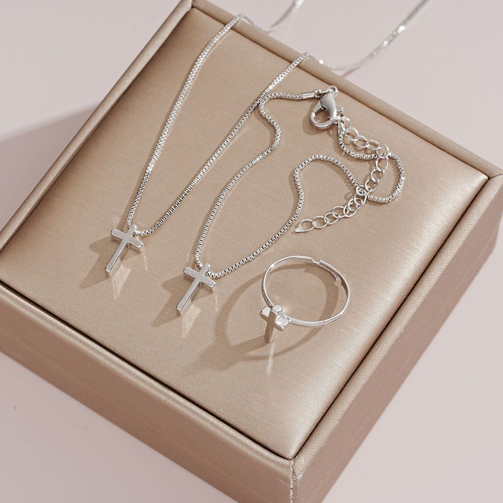 Conjunto de palha de palha 3 peças estilo ins prata cruz feminino anel pulseira colar conjunto de 3 peças