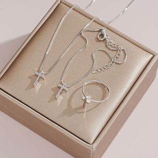 Conjunto de palha de palha 3 peças estilo ins prata cruz feminino anel pulseira colar conjunto de 3 peças