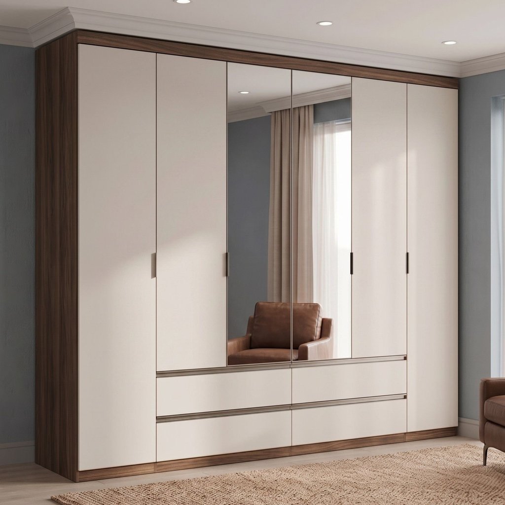 Guarda Roupa Casal com Espelho 100% MDF 6 Portas 4 Gavetas 230 x 250cm Nobre Yescasa Off White/Rustic Rustic/Off White