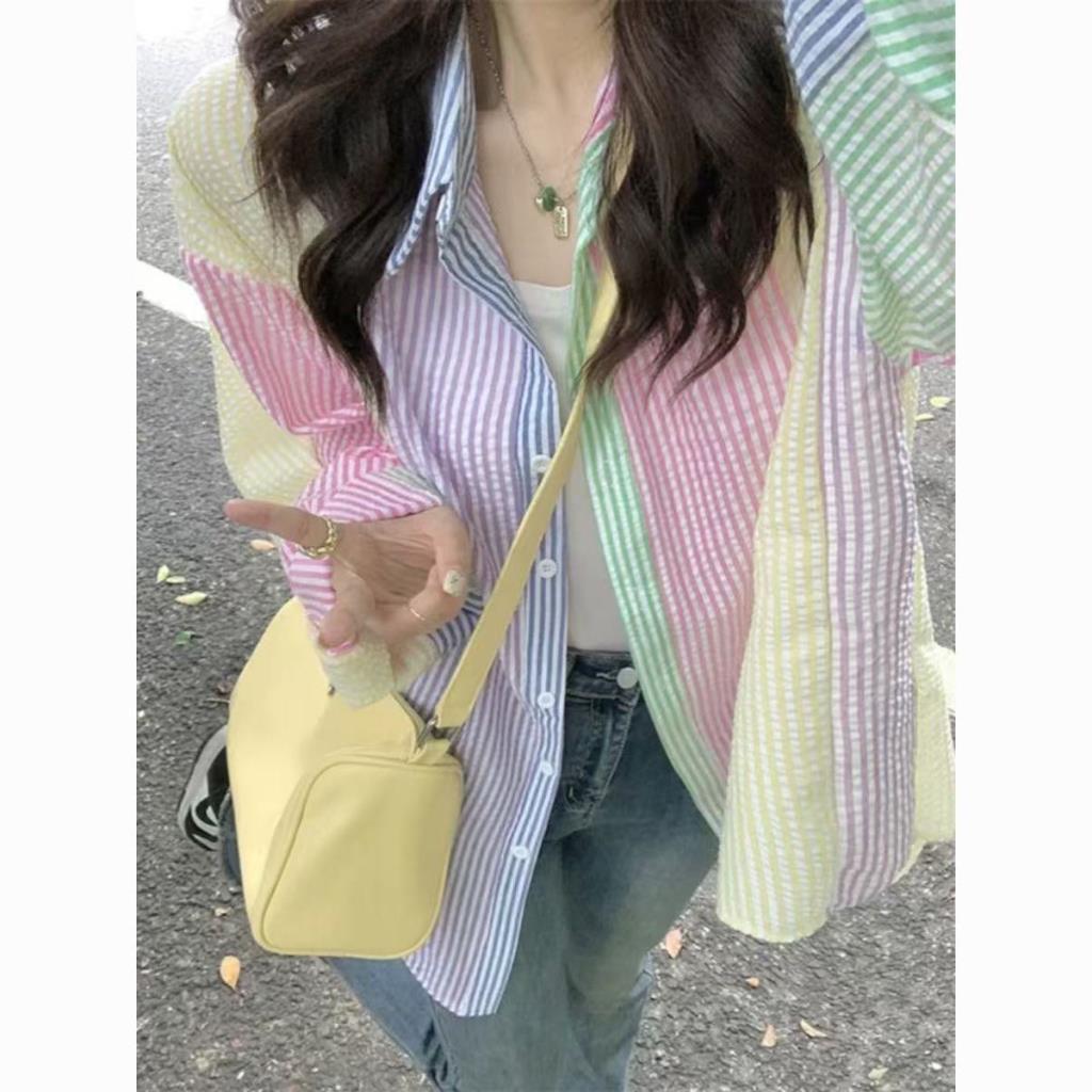 Dopamina listras coloridas protetor solar camisa jaqueta feminina roupas de primavera 2026 Cardigan exterior topo