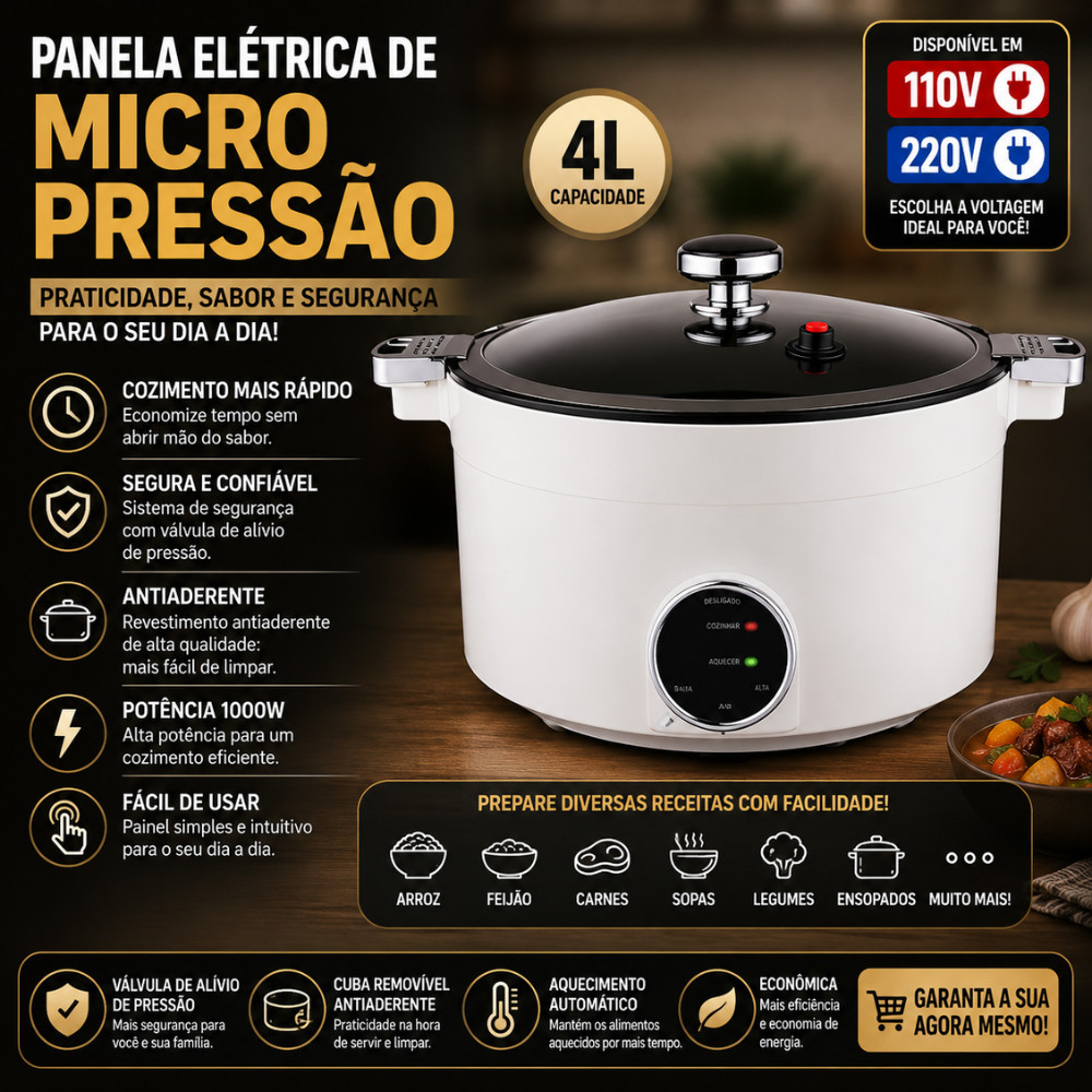 Panela Elétrica Micropressão 4L Antiaderente 1000W 110V Ou 220V Cozimento Rápido Multifuncional