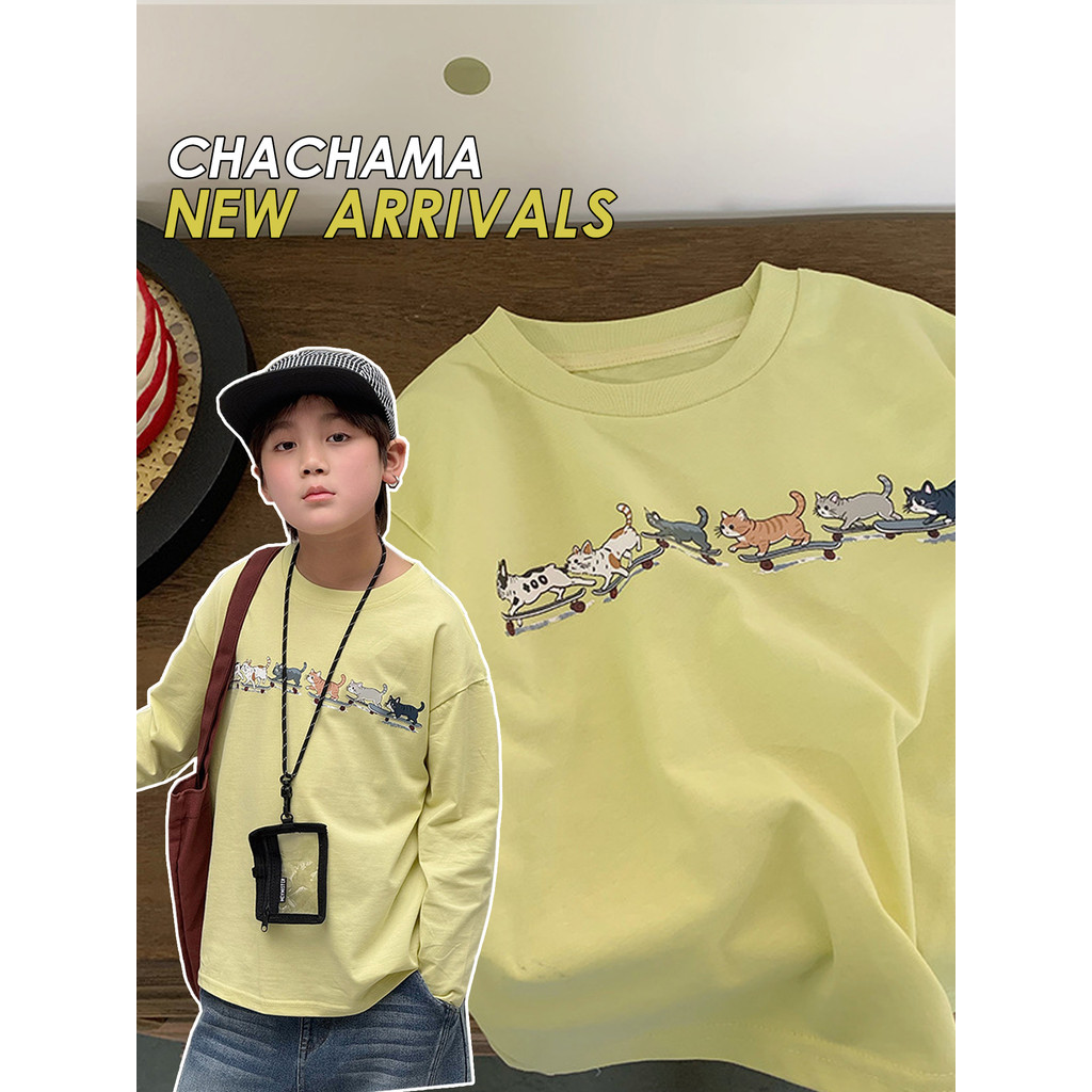 Chá mãe crianças roupas primavera outono novo estilo crianças dos desenhos animados gatinho manga comprida camiseta meni