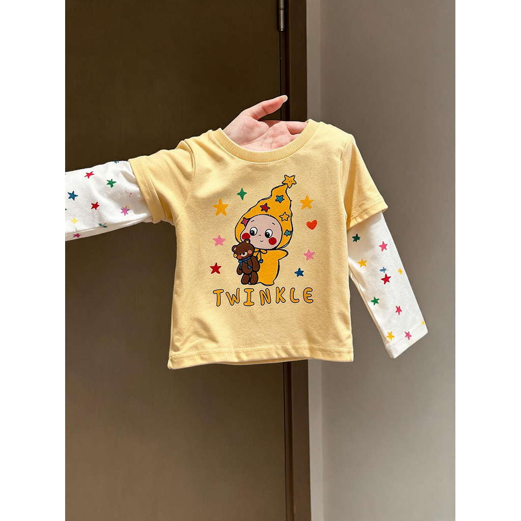 Meninas falso de duas peças de manga comprida camiseta primavera outono 2026 novo estilo impressão dos desenhos animados