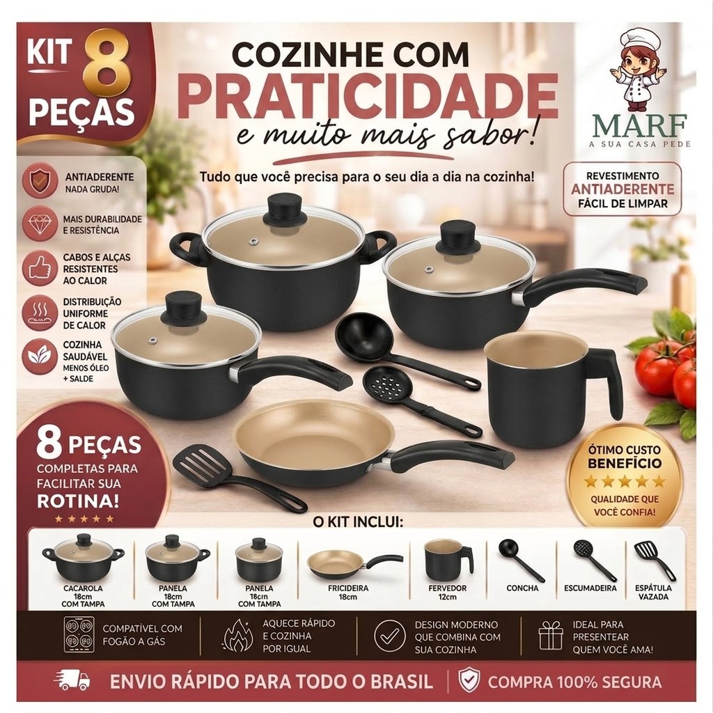 Jogo de Panelas 8 Peças MARF Teflon Premium 5 Camadas Antiaderente com Tampa de Vidro + Utensílios