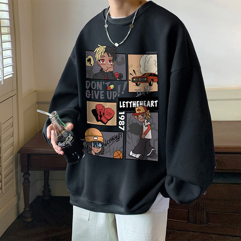 Estilo japonês início do outono pulôver em torno do pescoço moletom masculino primavera outono impressão dos desenhos an