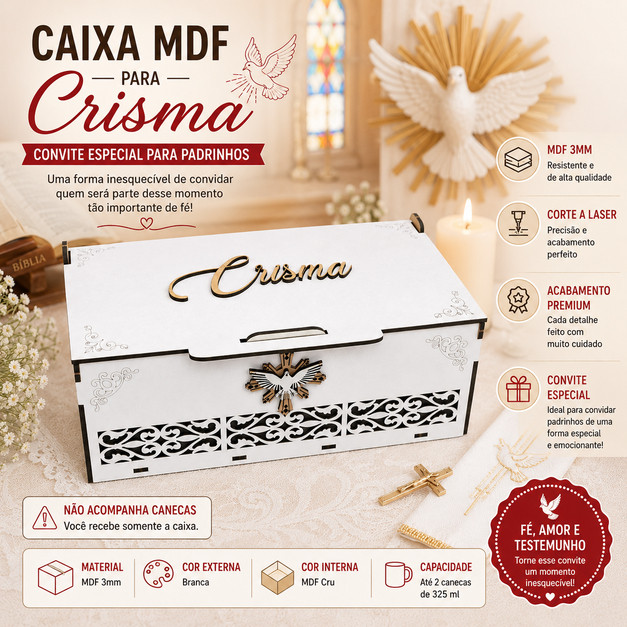 Caixa Religiosa Crisma MDF Branco Espírito Santo Presente Especial Crisma