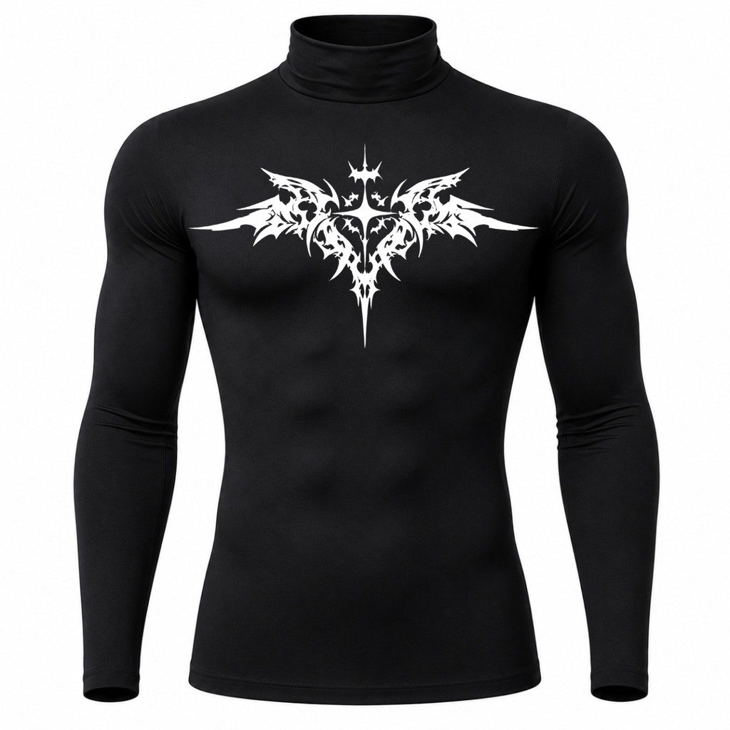 Camiseta Masculina Proteção Uv 50+ Segunda Pele Compressão Manga Longa Gola Alta Cyber Tribal Asas