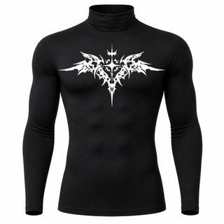 Camiseta Masculina Proteção Uv 50+ Segunda Pele Compressão Manga Longa Gola Alta Cyber Tribal Asas