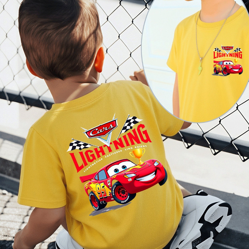 Camiseta Infantil Masculina 100% Algodão Estampada Frente e Verso Carros Relâmpago McQueen Troféu de Corrida