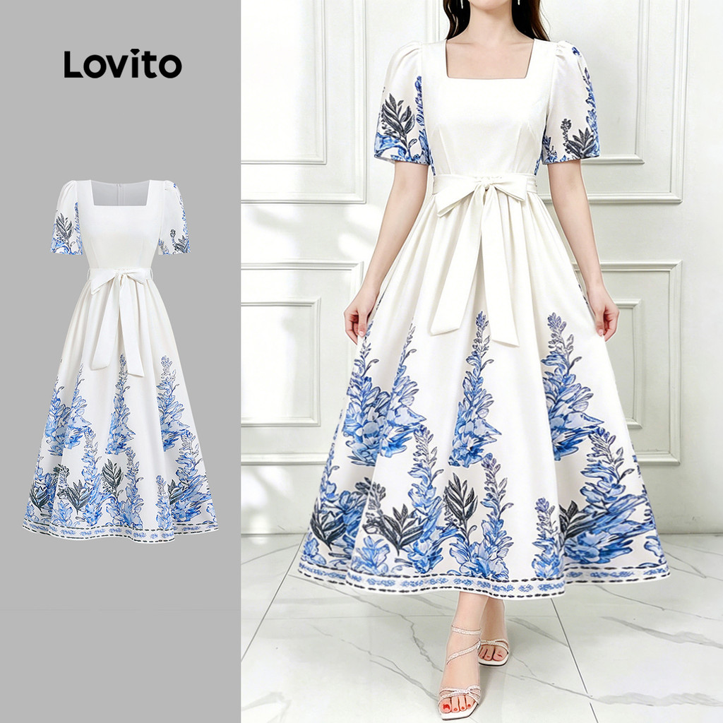 (New Arrival) Lovito Padrão de Vestido Boho com Zíper e Cinto para Primavera/verão feminino LBL37060