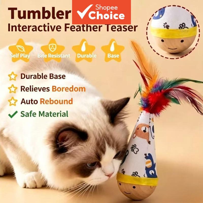 Brinquedo De Copo De Gato Oscilante De Madeira Com Penas Auto Balanço Interativo Para Animais De Estimação Resistente A