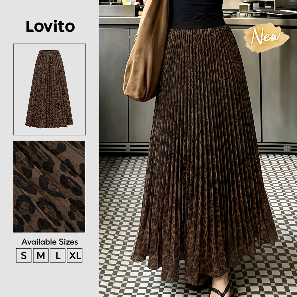 (New Arrival) Lovito Saias Longas Marrons Femininas Estampa Leopardo Plissadas Primavera/verão Casual/fim De Semana/trabalho Evangelical SKB39BR194