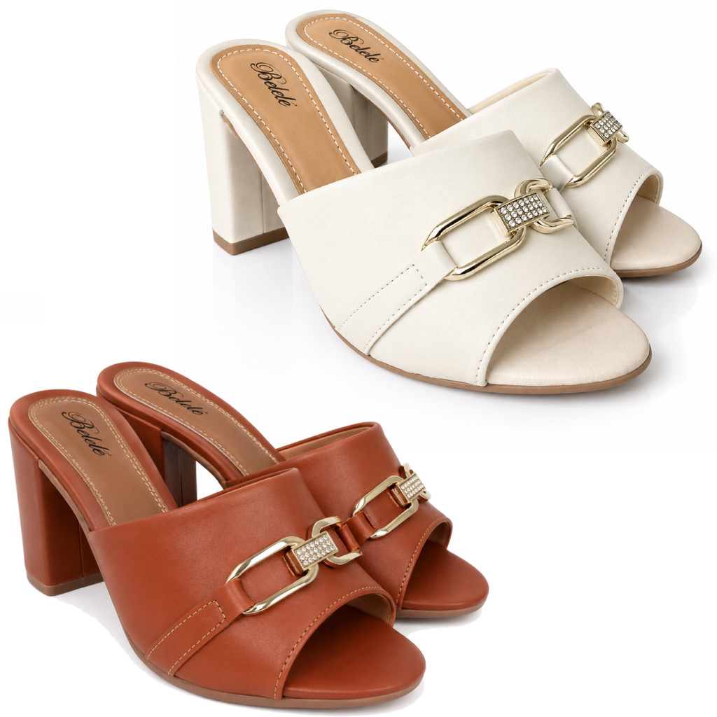 Kit 2 Tamanco Feminino Belelê Fivela Sandália Confortável Salto Alto Elegante Caramelo e Off-White