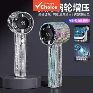 Ventilador Portátil Incrustado De Diamantes Turbo Mini De 199 Velocidades Com Display LED Recarregáv