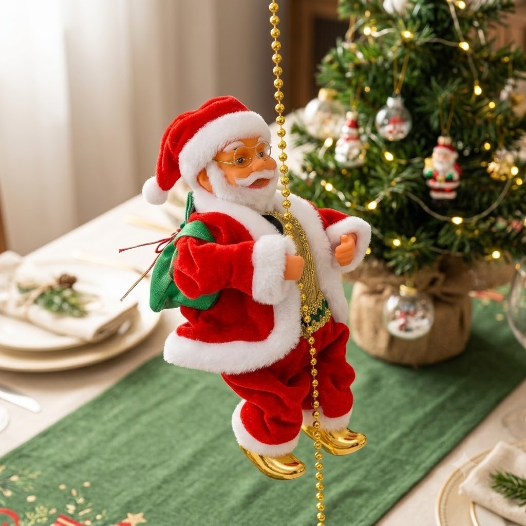 Papai Noel na Corda Musical com Movimento Luz Som Natalino 22cm Decoração Festiva