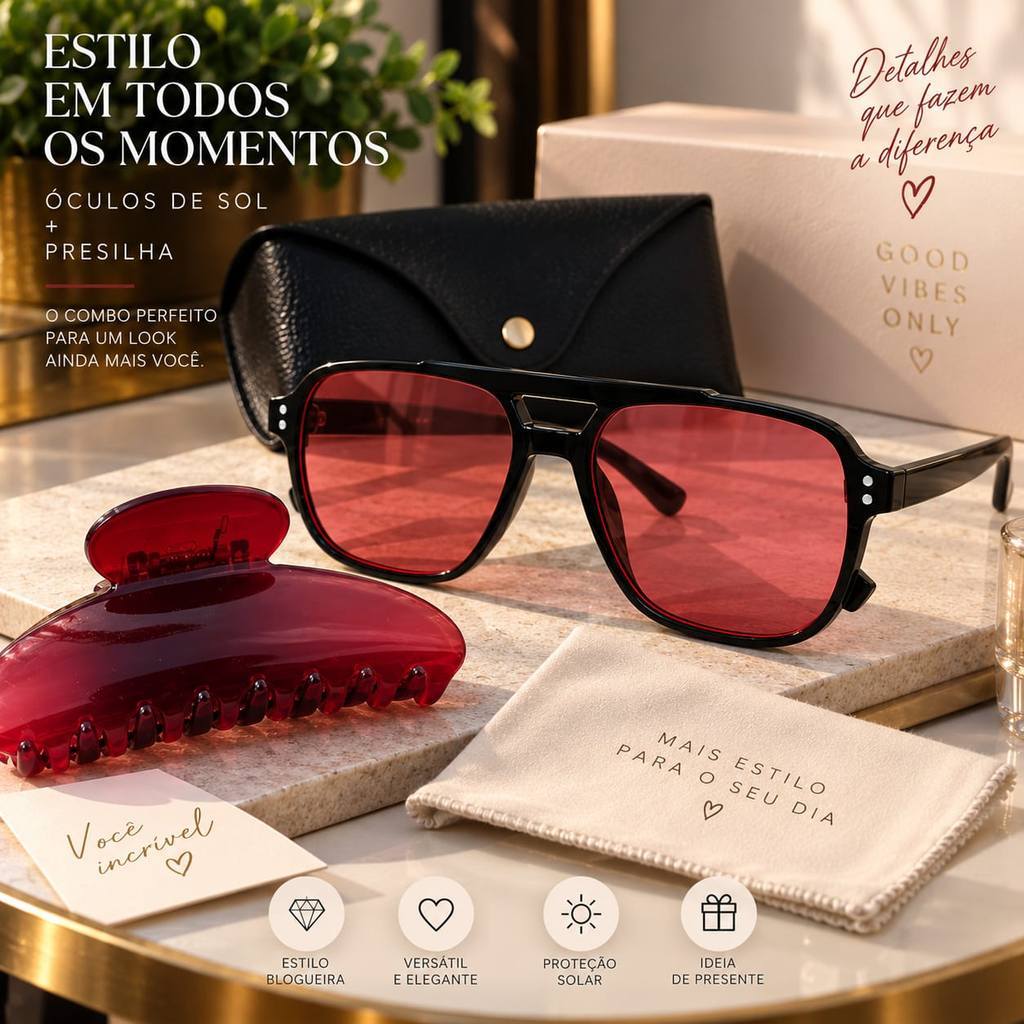 KIT OCULOS DE SOL RETANGULAR FEMININO BLOGUEIRA + PRESILHA PIRANHA PRENDEDOR DE CABELO FASHION INCLUSA
