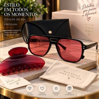 KIT OCULOS DE SOL RETANGULAR FEMININO BLOGUEIRA + PRESILHA PIRANHA PRENDEDOR DE CABELO FASHION INCLUSA
