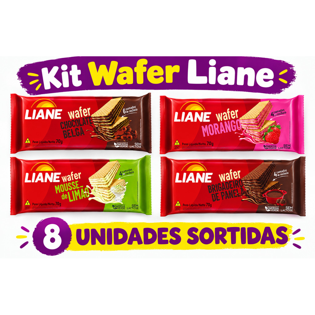 Kit 8 Wafer Liane Zero Lactose Sortidos 70 | 8X Wafer Sem Leite | Vegano
