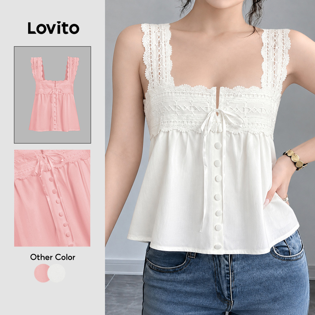 Lovito Férias Top Com Renda Lisa E Regata Verão/primavera Para Mulheres Bordado L100MD371