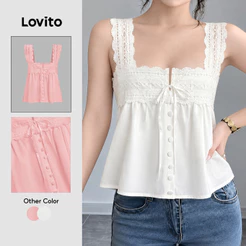 Lovito Férias Top Com Renda Lisa E Regata Verão/primavera Para Mulheres Bordado L100MD371