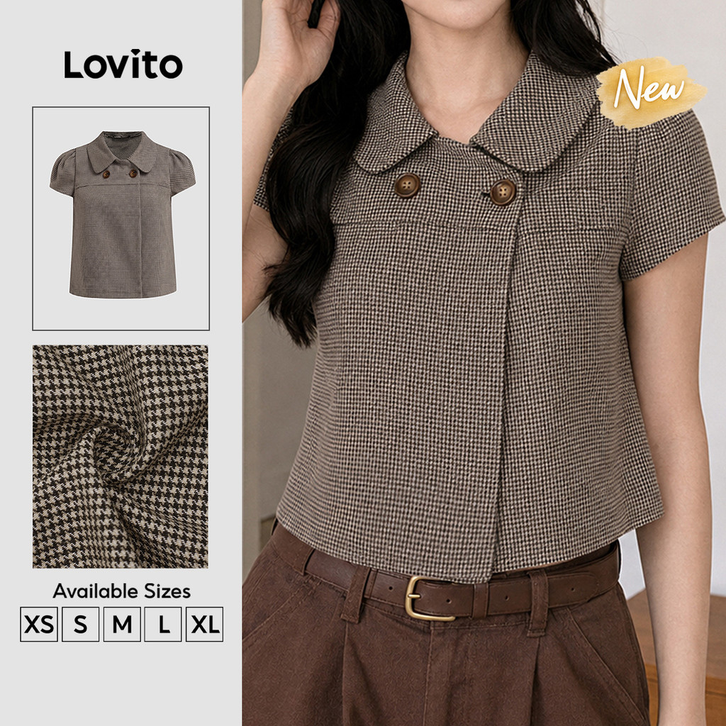 (New Arrival) Lovito Blusa Feminina Marrom Xadrez Vichy Manga Curta Gola E botões primavera/verão Fim De Semana BLT204P1D279
