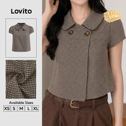 (New Arrival) Lovito Blusa Feminina Marrom Xadrez Vichy Manga Curta Gola E botões primavera/verão Fim De Semana BLT204P1D279