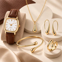 Conjunto Feminino 5 Peças Relógio Colar Brincos Pulseira Anel Dourado