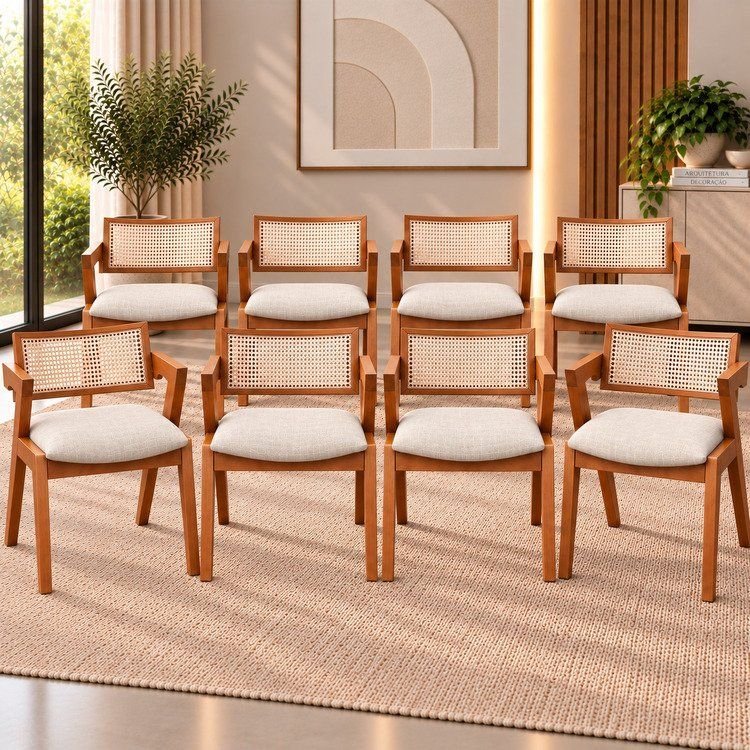 Kit 8 Cadeiras Madeira Maciça, Rattan de Fibra Natural e Estofada Verona Espresso Móveis Champagne/Off White