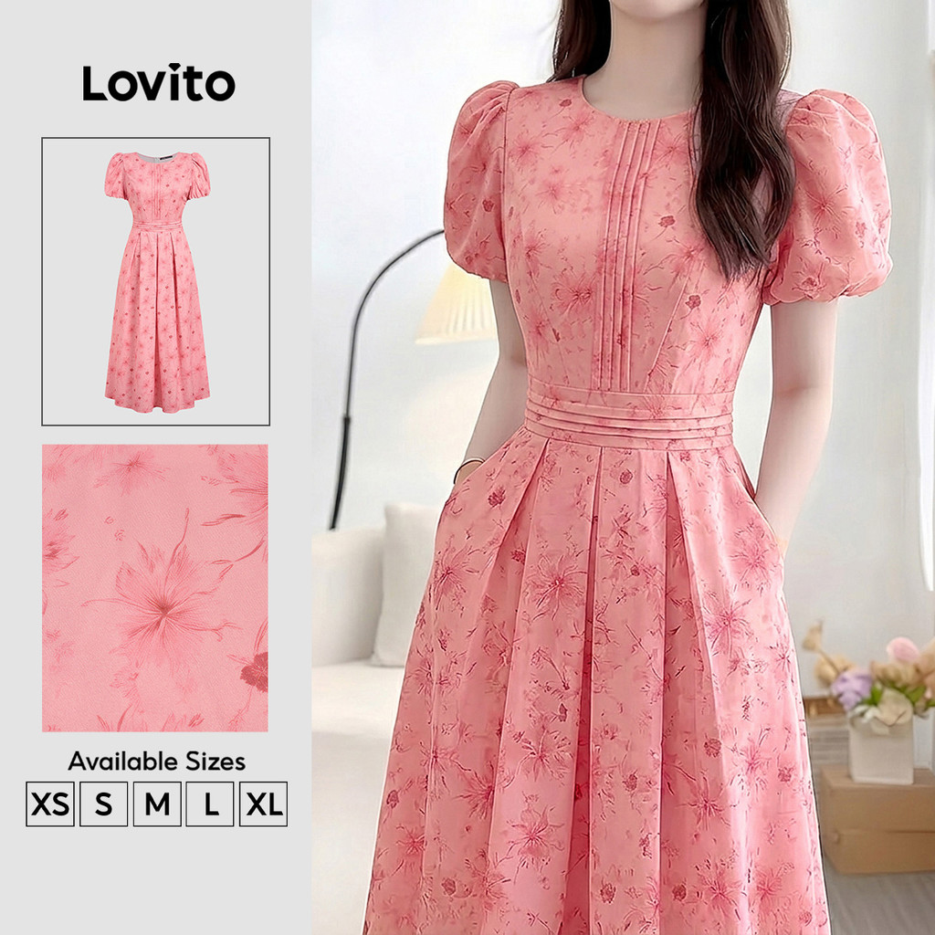 Lovito Vestido Boho com Padrão Floral e Pregas Vestido de Primavera/verão para Mulheres L189ED049