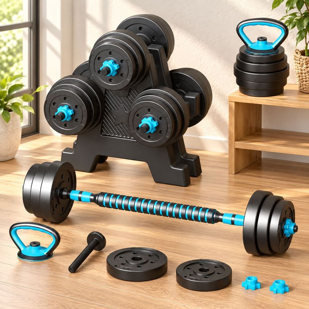 Halteres Ajustaveis para Casa 20kg com Barra, Anilhas e Kettlebell 6 em 1