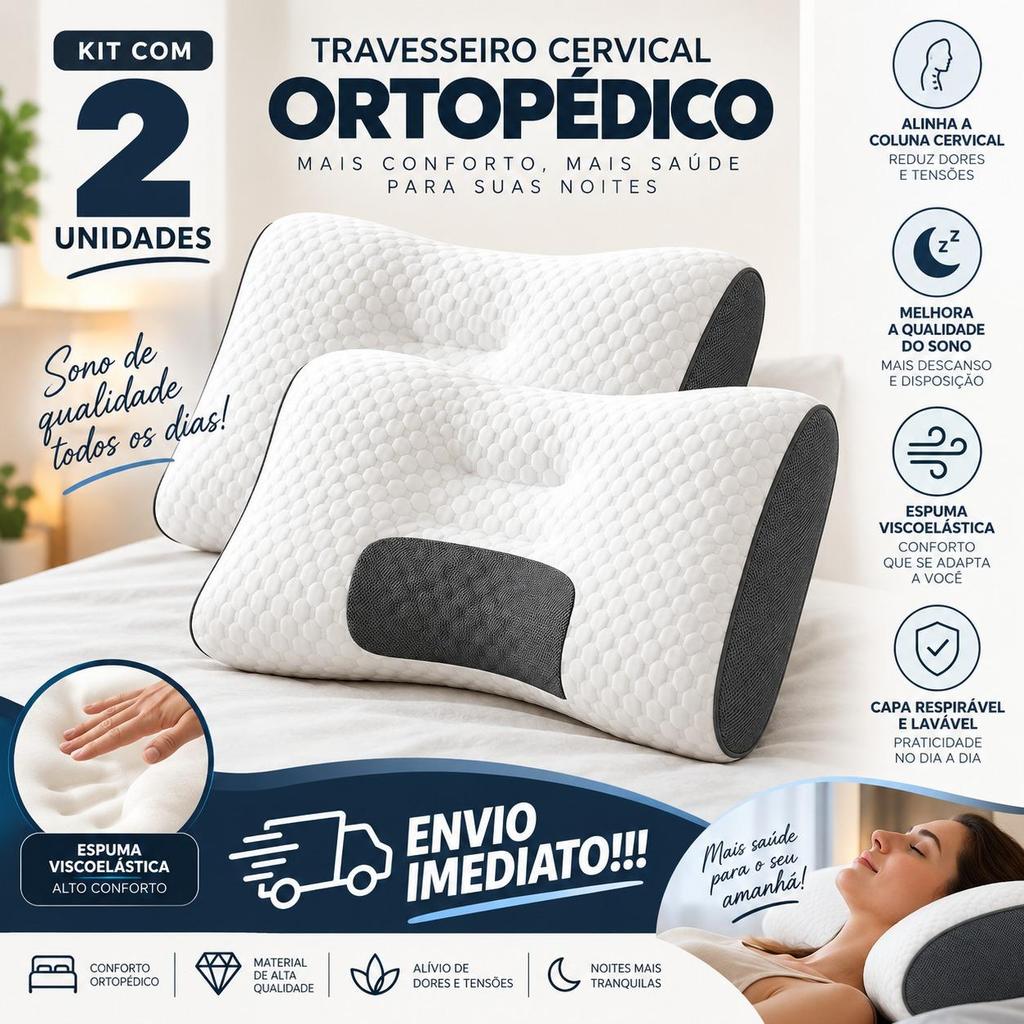 Kit 2 Travesseiro Cervical Ortopédico Espuma Viscoelástica Confortavel Dormir Anti Ronco Luxo