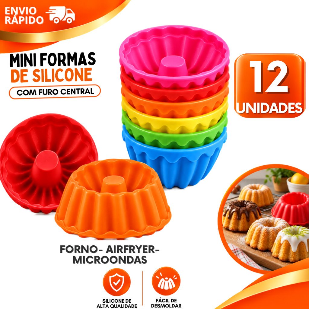 Mini Forma Furo Central Muffin Cupcake Bolo Pudim Quiche Silicone Vulcão Antiaderente Forno e Airfryer Não Gruda