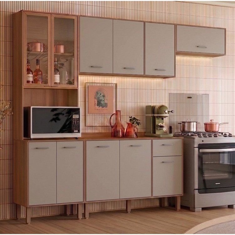 Cozinha Completa Modulada com Vidro Reflecta 4 Peças Paolla Cinza/Ipe/Fendy Ipe/Fendy