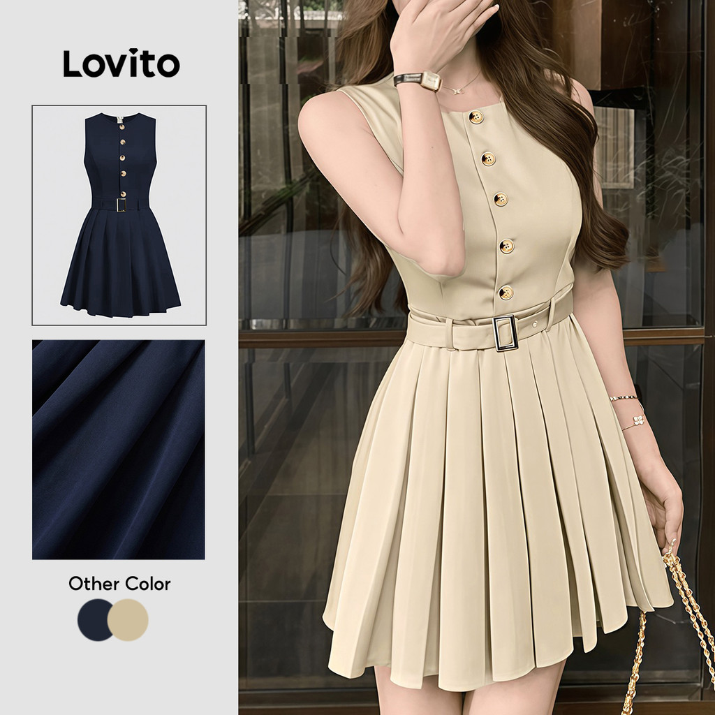 Lovito Casual Vestido plissado botão estrutura linha primavera/verão vestido cáqui para mulheres LK3ED921