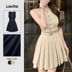Lovito Casual Vestido plissado botão estrutura linha primavera/verão vestido cáqui para mulheres LK3ED921