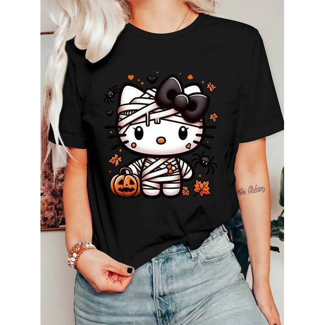 Camiseta Feminina Sanrio Hello Kitty Mummy Estampa Benda Bola Confortável Fofa Estilosa Moda Feminina