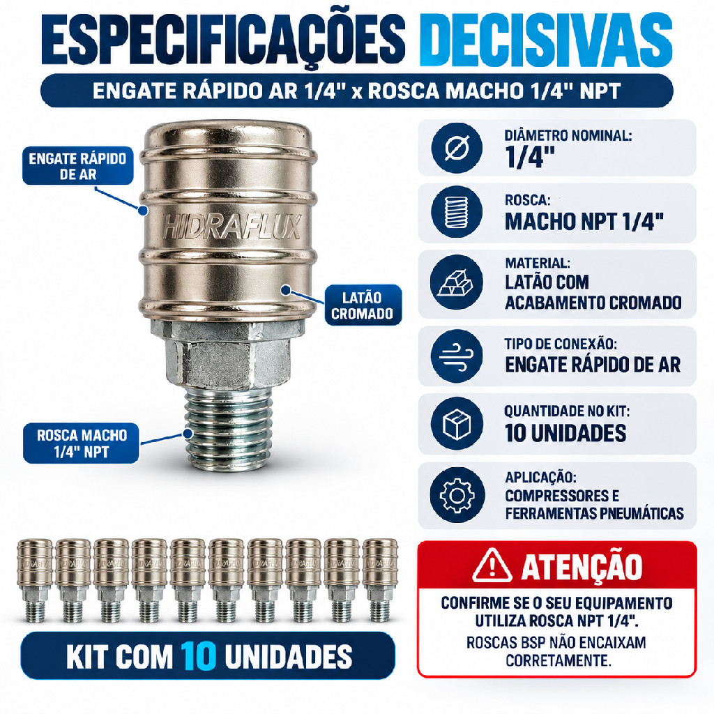 Kit 10 Engates Rápido para Ar Comprimido 1/4 Pol Rosca Macho 1/4 NPT Pneumático — imagem 2 de 2
