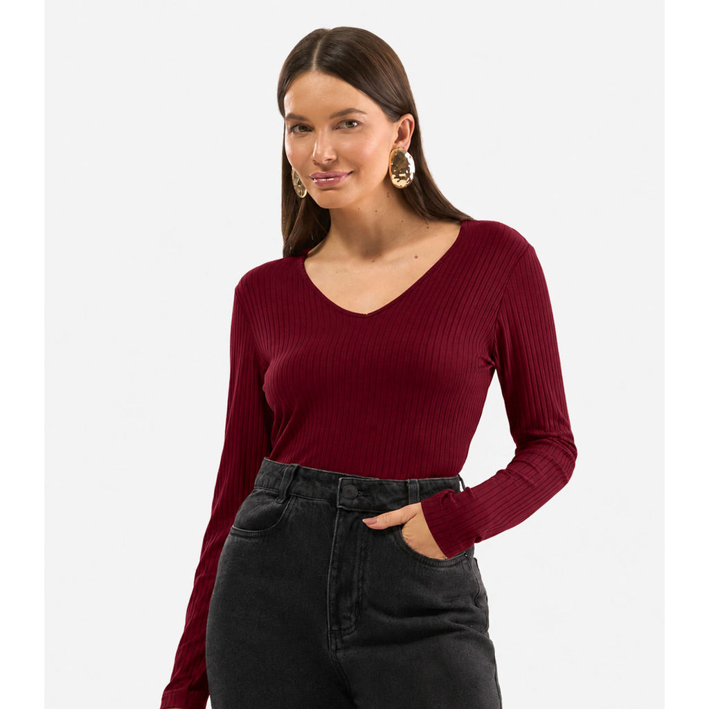 Blusa Manga Longa Em Ribana Canelada Rovitex Vermelho