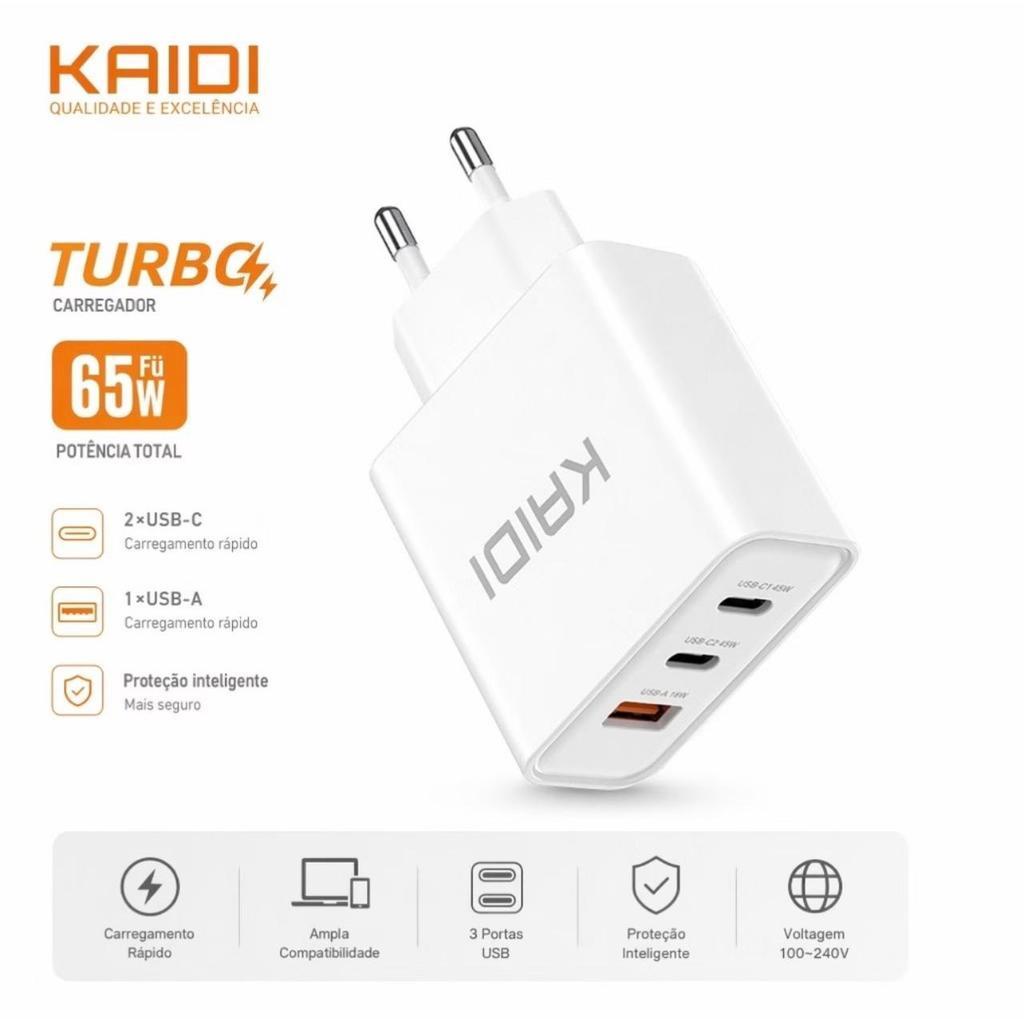 Carregador Turbo 65W KAIDI KD-665 com 3 Portas (USB + USB-C) – Carregamento Rápido PD e QC, Bivolt