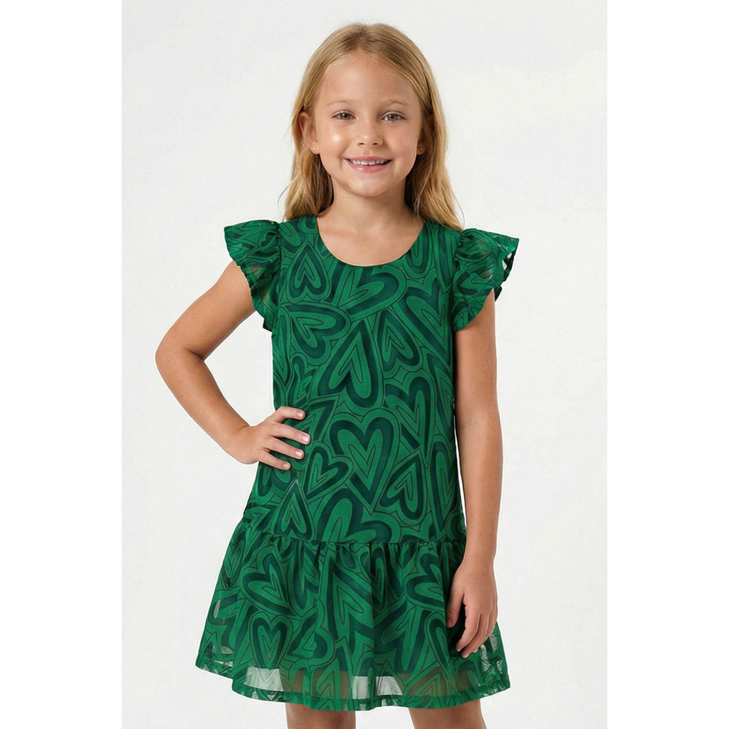 Vestido Infantil Menina Tule Corações Elian Verde