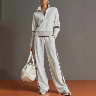 2026 novo estilo Casual terno esportivo estilo europeu americano contraste cor gola alta moletom calças de perna larga d