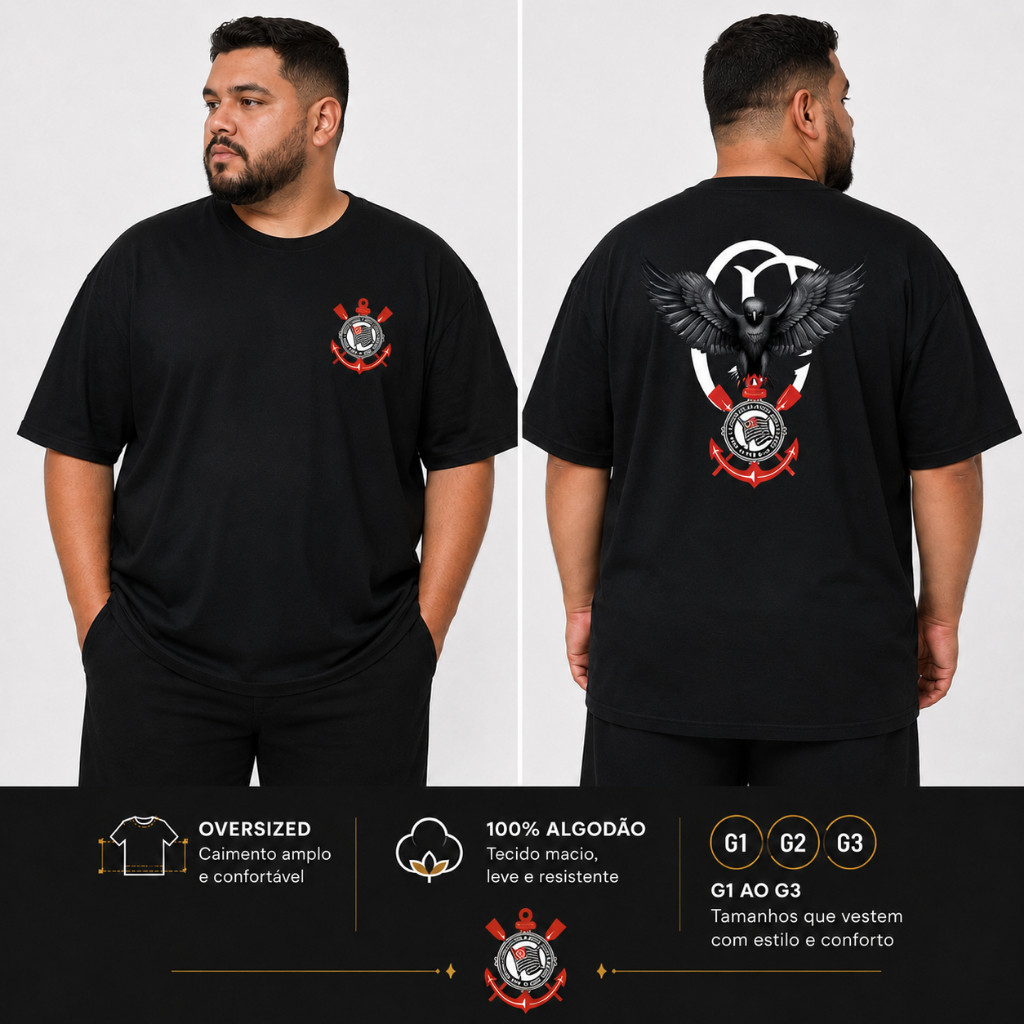 Camiseta Corinthians Gavião Oversized 100% Algodão Premium Fio 30.1 Streetwear Estilo Rua Unissex Moda Urbana Torcedor