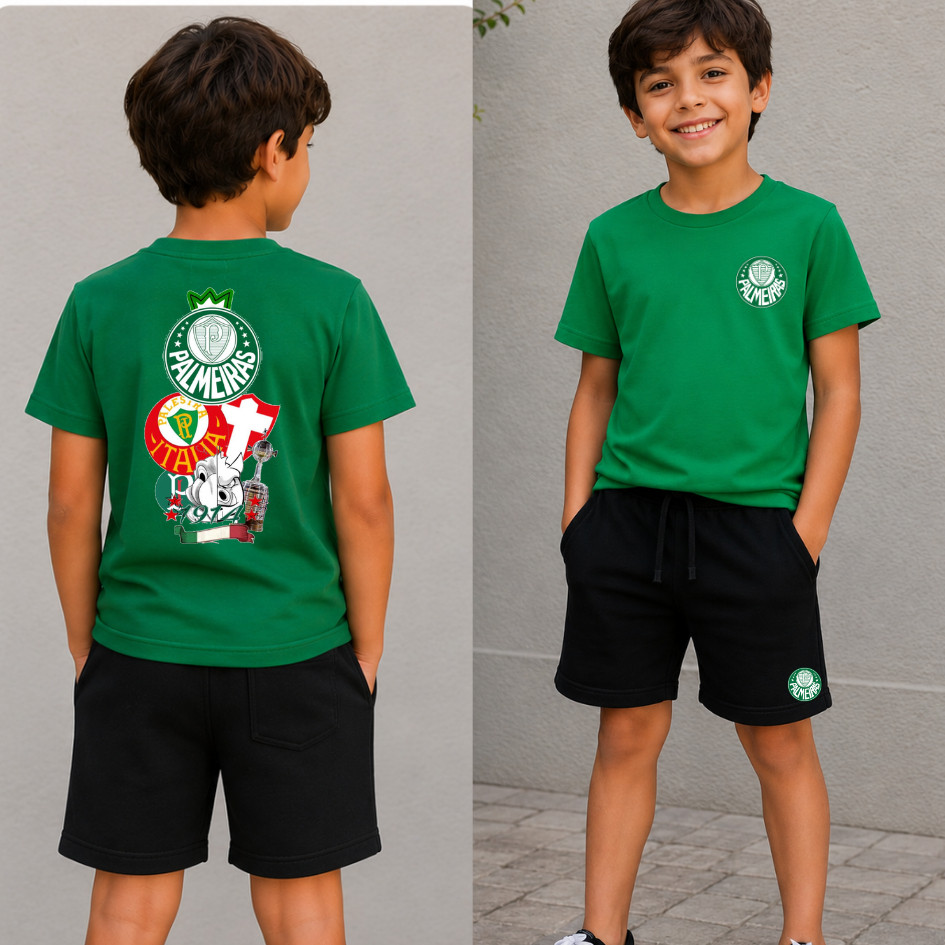Conjunto Infantil malha premium Camiseta + Short Moletinho estampa Time de futebol Palmeiras oferta